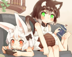 Rule 34 | 2girls, :3, animal ears, barefoot, blush, book, bookmark, bookshelf, bow, brown hair, cat ears, cat tail, couch, crr w9kd, dress, green eyes, hair bow, hair ribbon, handheld game console, lying, lying on person, multiple girls, on couch, on stomach, orange eyes, original, parted lips, playing games, playstation portable, ribbon, short hair, sitting, sleeveless, sleeveless dress, smile, tail, video game, white hair