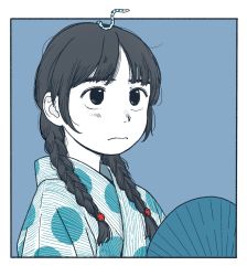 Rule 34 | 1girl, 3:, akai sashimi, blush, border, braid, closed mouth, creature, framed, hair ornament, hair tie, hand fan, highres, japanese clothes, kimono, long hair, looking up, low twintails, monochrome, nose blush, on head, original, outside border, paper fan, parted bangs, simple background, solo, spot color, tareme, twin braids, twintails, uchiwa, upper body, yukata