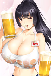Rule 34 | 1girl, alcohol, beer, beer mug, black hair, breasts, bursting breasts, cleavage, covered erect nipples, cup, dragon@harry, female focus, gradient background, highres, hooters, huge breasts, long hair, looking at viewer, mug, name tag, original, ponytail, purple eyes, saeki yayoi, see-through, smile, solo, tank top, tight clothes, waitress