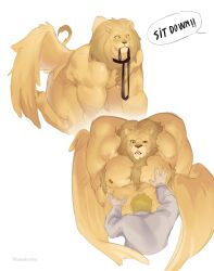 Rule 34 | 2boys, absurdres, armpit hair, armpits, artist name, bara, collar, dungeon meshi, furry, furry male, grabbing, highres, kawaakumma, kneeling, laios touden, large pectorals, leash, lion boy, looking at another, male focus, manly, mature male, multiple boys, muscular, muscular male, nipples, nude, open mouth, pectoral grab, pectorals, signature, simple background, speech bubble, teeth, thick arms, thick eyebrows, tongue, white background, winged lion (dungeon meshi), wings, yellow eyes