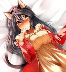 Rule 34 | 10s, 1girl, alternate costume, animal ears, bed sheet, blush, breasts, brown eyes, casual, cat ears, cat tail, choker, commentary request, dress, fake animal ears, grey hair, hair ornament, hairclip, haruna (kancolle), highres, kantai collection, kemonomimi mode, large breasts, long hair, looking at viewer, lying, on back, solo, sweat, tail, tsukui kachou