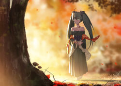 Rule 34 | 1girl, :o, autumn, bare shoulders, detached sleeves, domo1220, fall, falling, falling leaves, full body, green eyes, green hair, hair ornament, hatsune miku, leaf, long skirt, long sleeves, looking to the side, outdoors, skirt, solo, strapless, tree, twintails, vocaloid, wide sleeves