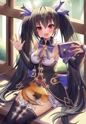 Rule 34 | 1girl, :d, absurdres, animal, bare shoulders, black hair, black thighhighs, breasts, bridal gauntlets, calico, cat, cellphone, choujigen game neptune, cleavage, commentary request, compile heart, crossed bangs, detached collar, dot nose, fingernails, gold trim, hair between eyes, hair ornament, hands up, highres, holding, holding phone, idea factory, indoors, light particles, looking at viewer, medium breasts, naze236, neptune (series), noire (neptunia), open mouth, phone, red eyes, shadow, sitting, smile, solo, sparkle, teeth, thighhighs, tree, twintails, upper teeth only, window