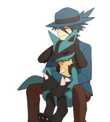Rule 34 | 1boy, blue headwear, blue jacket, blush, brown pants, closed eyes, closed mouth, commentary request, creatures (company), game freak, gen 4 pokemon, hat, invisible chair, jacket, jaho, long sleeves, lucario, male focus, nintendo, pants, pokemon, pokemon (creature), pokemon dppt, riley (pokemon), short hair, simple background, sitting, smile, spiked hair, white background
