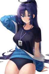Rule 34 | 1girl, absurdres, black buruma, black shirt, blue archive, blue jacket, blush, breasts, buruma, closed mouth, cowboy shot, duplicate, facial mark, halo, highres, hsxxx, id card, jacket, lanyard, large breasts, long hair, long sleeves, looking at viewer, mechanical halo, official alternate costume, pixel-perfect duplicate, ponytail, purple eyes, purple hair, shirt, short sleeves, simple background, solo, star (symbol), sweat, track jacket, white background, yuuka (blue archive), yuuka (track) (blue archive)