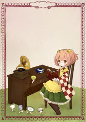 Rule 34 | 1girl, apron, bad id, bad pixiv id, bell, book, boots, chair, checkered clothes, checkered kimono, cup, desk, hair bell, hair ornament, japanese clothes, kimono, mnmktn, motoori kosuzu, open book, phonograph, quill, reading, red eyes, red hair, saucer, sitting, teacup, touhou, tsukumogami