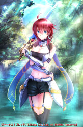 Rule 34 | 1girl, ahoge, blue eyes, boots, breasts, bridal gauntlets, character request, cleavage, earrings, garter straps, jewelry, large breasts, light rays, navel, red hair, smile, soaking feet, solo, sunbeam, sunlight, sword, thigh boots, thighhighs, tree, venus blade, wading, water, weapon, yukiko013