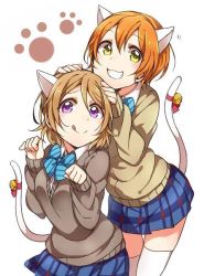 Rule 34 | 10s, 2girls, animal ears, animal print, bad id, bad twitter id, bell, bow, bowtie, brown hair, cat ears, cat print, cat tail, green eyes, happy, hoshizora rin, hotechige, inactive account, jingle bell, koizumi hanayo, love live!, love live! school idol project, multiple girls, orange hair, paw print, purple eyes, school uniform, short hair, simple background, skirt, smile, sweater, tail, tail bell, tail ornament, thighhighs, tongue, tongue out, white background