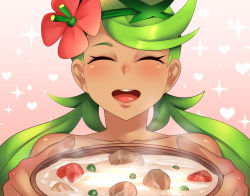 Rule 34 | 1girl, blush, bowl, creatures (company), closed eyes, female focus, flower, food, game freak, green hair, hair flower, hair ornament, hands up, happy, highres, holding, holding bowl, light blush, long hair, mallow (pokemon), nintendo, nose blush, nude, open mouth, pokemon, pokemon (anime), pokemon sm (anime), simple background, smile, solo, soup, steam, teeth, tongue, twintails, upper body, upper teeth only, yasuaki023
