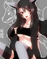 Rule 34 | 1girl, :p, animal ears, black hair, blush, breasts, creatures (company), facial mark, game freak, gen 3 pokemon, grey thighhighs, highres, long hair, looking at viewer, medium breasts, mightyena, nintendo, personification, pokedex number, pokemon, red eyes, strapless, takeshima eku, thighhighs, tongue, tongue out, tube top, underboob, zettai ryouiki