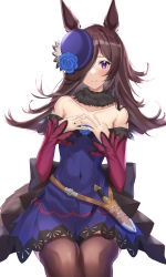 Rule 34 | 1girl, absurdres, animal ears, bare shoulders, black bow, blue dress, blue flower, blue hat, blue rose, blush, bow, brown hair, brown thighhighs, closed mouth, collarbone, dagger, dress, feet out of frame, flower, hair over one eye, hands up, hat, hat flower, highres, horse ears, horse girl, horse tail, knife, long hair, long sleeves, looking at viewer, off-shoulder dress, off shoulder, purple eyes, rice shower (umamusume), rose, shiroserika, simple background, sitting, sleeves past wrists, smile, solo, tail, thighhighs, tilted headwear, umamusume, weapon, white background