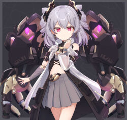 Rule 34 | 1girl, bare shoulders, basa rutan, black background, black jacket, closed mouth, clothing cutout, commentary request, commission, drill hair, earrings, grey hair, grey skirt, hair between eyes, hand up, highres, honkai (series), honkai impact 3rd, jacket, jewelry, long sleeves, looking at viewer, pleated skirt, prometheus (honkai impact), red eyes, robot, see-through, shoulder cutout, single sleeve, skirt, solo, standing, twin drills