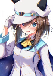 Rule 34 | 1girl, absurdres, adjusting clothes, adjusting headwear, animal ears, blue eyes, blush, breasts, brown hair, cheval grand (umamusume), commentary request, gloves, hair between eyes, hat, highres, horse ears, looking at viewer, medium breasts, medium hair, open mouth, simple background, sinngotti, solo, sweat, umamusume, uniform, white background