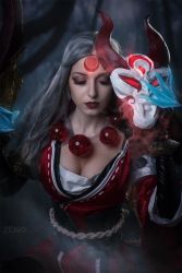 Rule 34 | 1girl, anissa, ball, bead necklace, beads, blood moon diana, breasts, chain, cleavage, cosplay, diana (league of legends), elbow gloves, closed eyes, facial mark, gloves, grey hair, holding, holding mask, holding weapon, japanese clothes, jewelry, league of legends, lipstick, long hair, ma, makeup, mark, mask, unworn mask, necklace, obi, photo (medium), rope, sash, smoke, tagme, weapon
