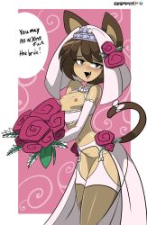Rule 34 | animal ears, bigdead93, blush, bouquet, bow on tail, breasts, bridal veil, brown eyes, cat ears, cat girl, cat tail, dress, flower, flowers in hair, garter straps, highres, nathy, petite, short hair, small breast, small breasts, tail, thighhighs, thighs, veil, wedding dress