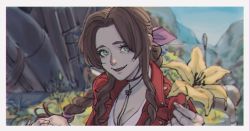 1girl aerith_gainsborough braid brown_hair choker curly_hair dress final_fantasy final_fantasy_vii final_fantasy_vii_remake flower gainsborough_house green_eyes holding holding_flower jacket jewelry lily_(flower) necklace oimo_(oimkimn) pink_dress red_jacket ribbon solo square_enix yellow_flower