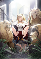 Rule 34 | 1girl, absurdres, animal ears, arknights, black choker, black eyes, black footwear, black jacket, blonde hair, breasts, candy, chain-link fence, choker, city, cleavage, closed mouth, commentary request, day, fence, food, full body, fur-trimmed jacket, fur trim, goggles, grass, hair between eyes, hammer, highres, holding, holding weapon, jacket, jacket on shoulders, large breasts, lion, lion ears, lollipop, long hair, looking at viewer, mannouyakunta, mouth hold, night-vision device, open clothes, open jacket, outdoors, ponytail, red shorts, scar, scar on face, shoes, short shorts, shorts, siege (arknights), sitting, sledgehammer, sleeveless, spread legs, studded choker, sunlight, tank top, weapon, white tank top