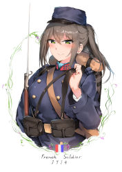 Rule 34 | 1girl, absurdres, bad id, bad pixiv id, bayonet, belt buckle, blush, breasts, brown hair, buckle, france, french flag, green eyes, gun, hat, high ponytail, highres, kepi, large breasts, load bearing equipment, looking at viewer, military, military hat, military uniform, original, plant, ponytail, pouch, rifle, simple background, smile, soldier, solo, susano o, uniform, upper body, vines, weapon, white background, world war i