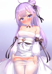 Rule 34 | 1girl, ahoge, azur lane, bare shoulders, black bow, blue eyes, blush, bow, breasts, commentary request, detached collar, detached sleeves, earrings, gmkj, hair bun, hair ribbon, highres, jewelry, long hair, looking at viewer, medium breasts, pantyhose, purple hair, ribbon, ring, signature, single hair bun, solo, sparkle, unicorn (azur lane), white pantyhose
