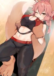 Rule 34 | 1girl, absurdres, animal ear fluff, animal ears, animal hands, bare shoulders, bell, black pants, black sports bra, blush, bow, breasts, breasts squeezed together, cleavage, collar, fate/extra, fate/grand order, fate (series), fox ears, fox girl, fox tail, gloves, hair between eyes, hair bow, highres, jingle bell, large breasts, long hair, looking at viewer, midriff, navel, neck bell, one eye closed, pants, paw gloves, paw shoes, pink hair, ponytail, red bow, ring-con, ring fit adventure, rottenweiler, sidelocks, smile, solo, sports bra, tail, tamamo (fate), tamamo cat (fate), tight clothes, tight pants, yellow eyes, yoga pants