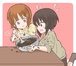 Rule 34 | 2girls, aged down, bowl, brown eyes, brown hair, brown shirt, chocolate, closed mouth, cooking, flying sweatdrops, food on clothes, frown, girls und panzer, holding, holding bowl, holding spatula, leaning forward, leg up, long sleeves, mixing, mixing bowl, motion lines, multiple girls, mutsu (layergreen), nishizumi maho, nishizumi miho, open mouth, pink background, rounded corners, shirt, short hair, siblings, sisters, sleeves rolled up, spatula, standing, standing on one leg, yellow shirt