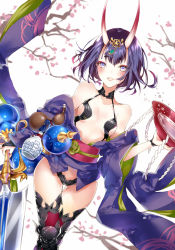 Rule 34 | 1girl, :d, alcohol, bad id, bad pixiv id, bare shoulders, blue eyes, breasts, collarbone, cowboy shot, dutch angle, fate/grand order, fate (series), gourd, horns, japanese clothes, kinokohime, medium hair, obi, open mouth, purple hair, revealing clothes, sake, sash, shuten douji (fate), small breasts, smile, solo, standing, sword, thigh gap, thighhighs, weapon, wide sleeves