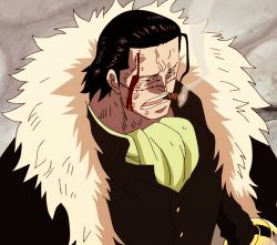 Rule 34 | 1boy, animated, animated gif, black hair, blood, blood on face, buttons, cigar, coat, crocodile (one piece), fur coat, hook hand, long sleeves, lowres, male focus, one piece, open mouth, scar, short hair, smoke, smoking, solo, teeth