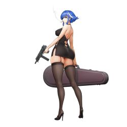 Rule 34 | 1girl, ass, black dress, black panties, black thighhighs, blue hair, breasts, cigarette, dress, from behind, full body, game cg, garter straps, green eyes, gun, halterneck, high heels, highres, kakiman, large breasts, last origin, looking at viewer, looking back, machine pistol, multicolored hair, official art, panties, pantyshot, sand girl (last origin), short dress, short hair, side slit, sidelocks, skindentation, smoking, solo, streaked hair, tachi-e, thick thighs, thighhighs, thighs, tight clothes, tight dress, transparent background, two-tone hair, underwear, weapon, weapon case, white hair
