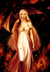 Rule 34 | 1girl, a song of ice and fire, breasts, cleavage, daenerys targaryen, dragon, dress, fire, long hair, reine (artist), solo