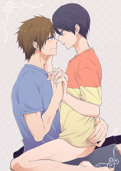Rule 34 | 10s, 2boys, barefoot, black hair, blue eyes, blue hair, bottomless, brown hair, eye contact, free!, glasses, green eyes, holding hands, hand on another&#039;s face, hato yu-ki, looking at another, male focus, multiple boys, nanase haruka (free!), shirt, short hair, sitting, sitting on lap, sitting on person, smile, t-shirt, tachibana makoto, yaoi