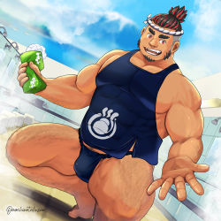 Rule 34 | 1boy, :d, bara, black fundoshi, black hair, black tank top, blue male underwear, bulge, chest hair, covered abs, dark-skinned male, dark skin, facial hair, fangs, foot out of frame, fundoshi, goatee, hachimaki, headband, japanese clothes, large pectorals, leg hair, looking at viewer, male focus, male underwear, mature male, midriff peek, mountain, multicolored hair, muscular, muscular male, navel, navel hair, no pants, omochiwotakusan, onsen, open mouth, pectorals, red hair, sarutahiko (housamo), short hair, sideburns, sidepec, smile, solo, squatting, tank top, thick thighs, thighs, tokyo houkago summoners, two-tone hair, undercut, underwear