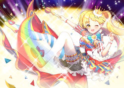 Rule 34 | 1girl, ;d, alternate hairstyle, asymmetrical legwear, bang dream!, blonde hair, blue bow, bow, clenched hand, commentary request, crown, detached collar, detached sleeves, earrings, flats, hand up, highres, holding, holding scepter, jewelry, long hair, looking at viewer, multicolored clothes, one eye closed, open mouth, overskirt, pantyhose, rainbow, scepter, shorts, smile, solo, sparkle, striped clothes, striped pantyhose, thighlet, tsurumaki kokoro, twintails, uneven legwear, white pantyhose, wristband, yellow eyes, yellow footwear, yuna (deadawon)