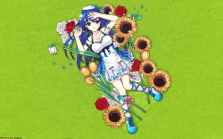 Rule 34 | 1girl, ankle lace-up, arin, armpits, bare shoulders, bingsang, blue hair, breasts, cleavage, clover, cross-laced footwear, dress, flower, grass, hat, highres, long hair, lying, medium breasts, pangya, purple eyes, shoes, smile, solo