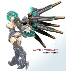 Rule 34 | 1girl, alternate color, aqua eyes, aqua hair, armpits, ass, bare shoulders, black panties, black thighhighs, breasts, butt crack, densou tenshi valforce, detached sleeves, dress, from behind, funnels (gundam), garter straps, hairband, highres, karukan (monjya), lace, lace-trimmed legwear, lace trim, looking back, mecha musume, open mouth, outstretched hand, panties, pantyshot, parted lips, rikudou maria, short hair, sideboob, smile, solo, strapless, strapless dress, thighhighs, underwear, upskirt