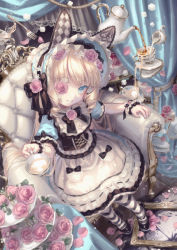 Rule 34 | 1girl, animal ears, ankle bow, ankle ribbon, ankle strap, armchair, bad id, bad pixiv id, black bow, black bowtie, black footwear, blonde hair, blue eyes, blue nails, bonnet, bow, bowtie, cake, chair, child, commentary, corset, cup, curtains, dress, english commentary, fake animal ears, floating, floating object, flower, flower eyepatch, flower over eye, food, fork, frilled cuffs, frilled dress, frills, grin, hair flower, hair ornament, highres, leg ribbon, lolita fashion, long hair, nail polish, original, pantyhose, petals, picture frame, pink flower, pink rose, ribbon, ribbon-trimmed dress, rose, rose petals, saucer, short sleeves, sidelocks, sitting, smile, solo, strawberry shortcake, striped clothes, striped legwear, striped pantyhose, sugar cube, table, teacup, teapot, tiered tray, very long hair, white flower, wrist cuffs, yumeichigo alice
