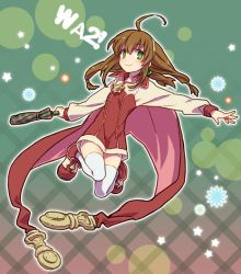 Rule 34 | 1girl, ahoge, brown hair, cape, closed mouth, coat, dress, full body, green eyes, hair ornament, hairband, lilka eleniak, long hair, looking at viewer, low-tied long hair, open mouth, sidelocks, skirt, smile, solo, thighhighs, twintails, umbrella, weapon, white thighhighs, wild arms, wild arms 2, yellow hairband