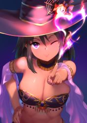 Rule 34 | 1girl, bare shoulders, bow, breasts, choker, cleavage, closed mouth, dark skin, dark-skinned female, detached sleeves, green hair, hair between eyes, halloween, halloween costume, hand on own hip, harem outfit, hat, hat bow, idolmaster, idolmaster cinderella girls, jack-o&#039;-lantern, large breasts, looking at viewer, nail polish, natalia (idolmaster), navel, one eye closed, outstretched arm, pettan p, pointing, pointing at viewer, purple eyes, short hair, smile, solo, strapless, tube top, witch hat