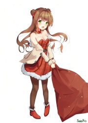 Rule 34 | 1girl, :d, ankle boots, artist name, bare shoulders, beige jacket, black pantyhose, blush, boots, bow, breasts, brown hair, cleavage, collarbone, double bun, dress, fur-trimmed dress, fur trim, girls&#039; frontline, green eyes, hair bow, hair bun, head tilt, high heels, highres, holding, holding sack, jacket, large breasts, long hair, long sleeves, looking at viewer, off shoulder, official alternate costume, open mouth, pantyhose, pigeon-toed, red bow, red dress, red footwear, rfb (girls&#039; frontline), rfb (how rfb stole xmas) (girls&#039; frontline), sack, seero, side bun, simple background, smile, solo, standing, strapless, strapless dress, very long hair, white background