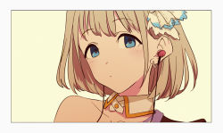 Rule 34 | 1girl, bare shoulders, beige background, blue eyes, blush, brown hair, closed mouth, collar, collarbone, detached collar, earbuds, earphones, earrings, idolmaster, idolmaster shiny colors, jewelry, looking at viewer, portrait, serizawa asahi, short hair, simple background, sohin, solo, white collar, wing collar
