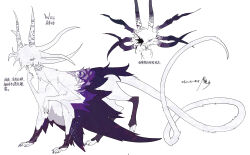 Rule 34 | absurdres, animal feet, chinese text, creature, extra legs, hair over one eye, highres, kamikiririp, long tail, no humans, original, purple wings, solo, tail, white background, white fur, wings