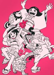 Rule 34 | 1girl, 2girls, animal, arms up, black eyes, black hair, blush, blush stickers, bokken, bunbuku (one piece), child, clenched hand, closed eyes, dragon, eastern dragon, fangs, flaming hand, full body, hand on headwear, hat, high ponytail, highres, holding, holding sword, holding weapon, japanese clothes, kimono, komachiyo, kouzuki momonosuke, kurozumi tama, looking ahead, monochrome, multiple girls, multiple persona, nervous, nighzenguxhel, one piece, open mouth, pink background, pink theme, ponytail, sandals, sanpaku, short hair, simple background, smile, standing, standing on one leg, straw hat, sweat, sword, tareme, teeth, toko (one piece), tongue, tongue out, v-shaped eyebrows, very short hair, weapon, wooden sword