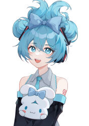 Rule 34 | 1girl, :3, :d, animal, bare shoulders, blue bow, blue eyes, blue hair, bow, cinnamiku, cinnamoroll, commentary, detached sleeves, grey shirt, hair between eyes, hair bow, hatsune miku, holding, holding animal, long sleeves, looking at viewer, open mouth, owenhiruno, sanrio, shirt, short hair, shoulder tattoo, simple background, sleeveless, sleeveless shirt, smile, solo, tattoo, vocaloid, white background