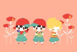 Rule 34 | 3boys, backpack, bag, baseball cap, black hair, blonde hair, chibi, child, closed eyes, crossover, expressionless, flower, happy, hat, hitofutarai, in-franchise crossover, lucas (mother 3), mother (game), mother 1, mother 2, mother 3, multiple boys, ness (mother 2), ninten, nintendo, open mouth, red flower, shirt, short hair, shorts, sideways hat, smile, socks, striped clothes, striped shirt, upper body