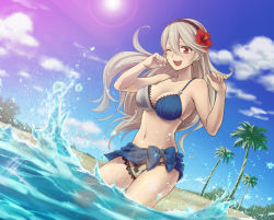 Rule 34 | 1girl, ;d, alternate costume, artist request, asymmetrical bikini, asymmetrical swimsuit, bare arms, bare shoulders, beach, bikini, black hairband, blue bikini, blush, breasts, cleavage, cloud, collarbone, corrin (female) (fire emblem), corrin (fire emblem), day, dutch angle, female focus, fire emblem, fire emblem fates, fire emblem heroes, floating hair, flower, grey bikini, hair between eyes, hair flower, hair ornament, hairband, hands up, happy, hibiscus, hiyori (rindou66), large breasts, laughing, long hair, looking at viewer, midriff, navel, neck, nintendo, one eye closed, open mouth, outdoors, palm tree, pointy ears, red eyes, red flower, round teeth, silver hair, sky, smile, splashing, standing, sun, swimsuit, teeth, tree, upper body, wince, wink