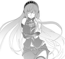 Rule 34 | 1girl, arm strap, asunogear, breasts, closed eyes, detached sleeves, floating hair, greyscale, hair between eyes, hairband, headphones, highres, holding, holding own hair, large breasts, long hair, megurine luka, midriff, monochrome, navel, open mouth, side slit, simple background, sketch, skirt, solo, stomach, thighhighs, very long hair, vocaloid, white background