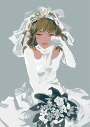 Rule 34 | 1girl, antiquewhite, bouquet, bridal veil, bride, brown hair, dress, female focus, flower, grey background, grey theme, mizuhashi parsee, open mouth, pointy ears, rose, scarf, short hair, simple background, solo, tears, touhou, veil, wedding dress, white dress, white flower, white rose, white scarf