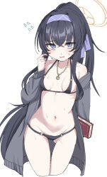 Rule 34 | 1girl, absurdres, ass, bags under eyes, bikini, black bikini, black hair, blue archive, blush, breasts, cowboy shot, cropped legs, flying sweatdrops, grey jacket, hair between eyes, halo, highres, jacket, jewelry, kaito (kaito921125), long hair, long sleeves, official alternate costume, open clothes, open jacket, open mouth, pendant, ponytail, purple eyes, simple background, small breasts, solo, swimsuit, ui (blue archive), ui (swimsuit) (blue archive), white background