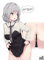 Rule 34 | 1girl, artist name, ass, bad id, bad pixiv id, bar censor, censored, chestnut mouth, clothes lift, collared shirt, dated, ddangbi, green eyes, korean text, looking back, multiple views, necktie, no panties, pussy, sanya v. litvyak, shirt, silver hair, simple background, skirt, skirt lift, strike witches, translation request, white background, world witches series