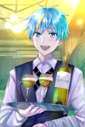 Rule 34 | 1boy, :d, alcohol, ayaan (ayako), black vest, blue eyes, blue hair, blush, cobalt (technoroid), copyright name, cup, drinking glass, highres, holding, holding tray, indoors, looking at viewer, multicolored hair, open mouth, shirt, short hair, smile, streaked hair, technoroid, tray, upper body, vest, white shirt, wine, wine glass