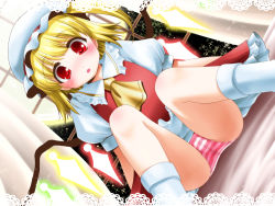 Rule 34 | 1girl, :o, arm support, arms at sides, asymmetrical hair, asymmetrical wings, blonde hair, blouse, blush, curtains, flandre scarlet, hat, looking at viewer, mob cap, open mouth, panties, pantyshot, puffy short sleeves, puffy sleeves, red eyes, red shirt, red skirt, shirt, short hair, short sleeves, skirt, sleeveless, sleeveless shirt, solo, tomoki tomonori, touhou, underwear, white shirt, window, wings